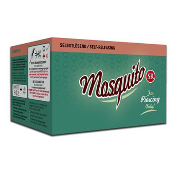 Vihreä Mosquito neulaboksi kirurginteräksestä 316L valkoisella taustalla