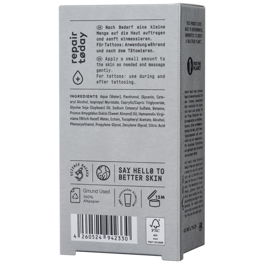 Graue Verpackung der No Cosmetics Intensiv Repair Cream mit Text und Symbolen