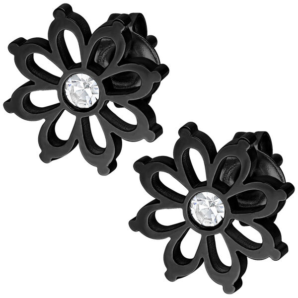 Pendientes de flores negros de acero quirúrgico con piedra transparente