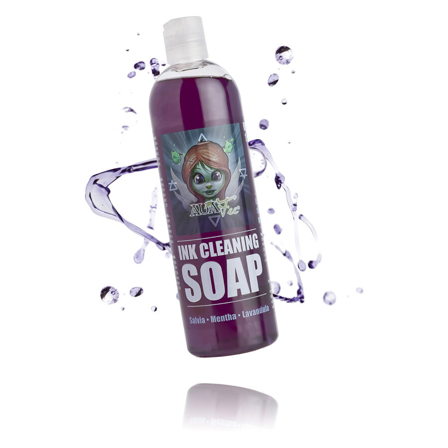Bottiglia di sapone viola con logo Auafee e schizzi su sfondo bianco