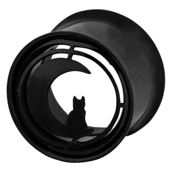 Schwarzer Tunnel mit Katzenmotiv vor Mond auf weißem Hintergrund