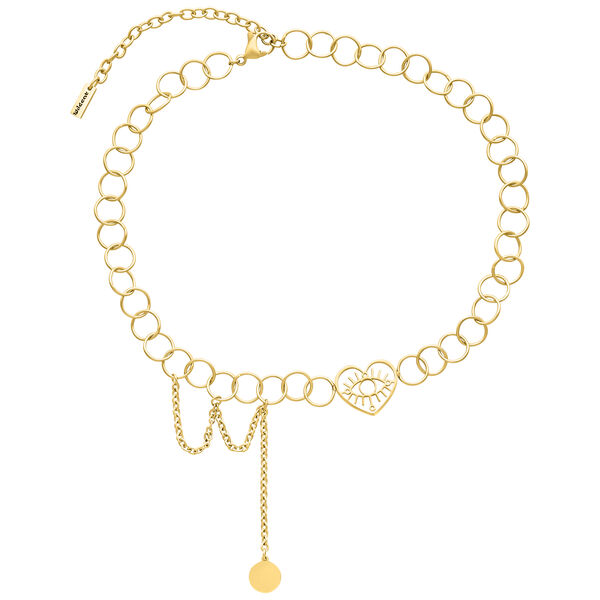 Choker dorado con colgante de ojo en forma de corazón sobre fondo blanco