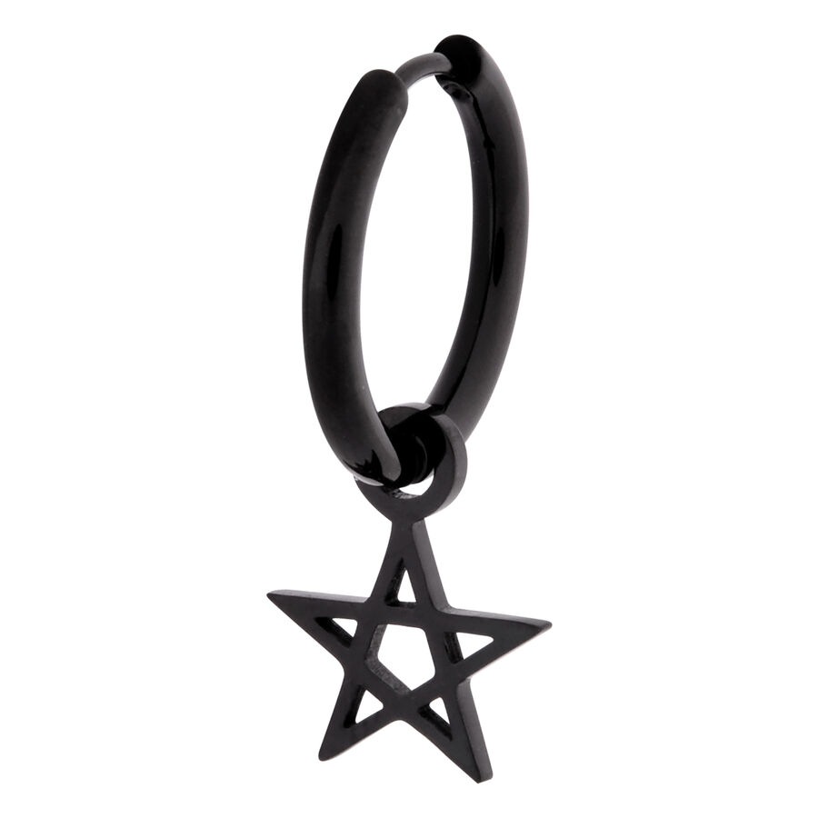 Pendiente negro con colgante de pentagrama sobre fondo blanco