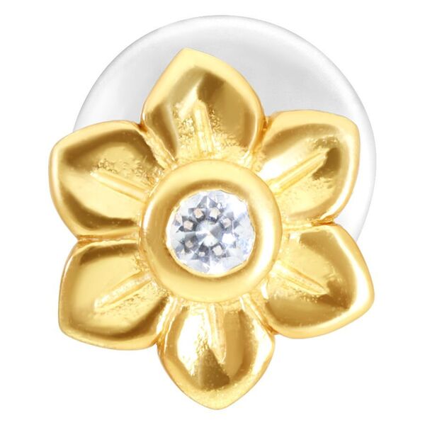 Goldenes Labret mit Blumenaufsatz und klarem Kristall auf weißem Hintergrund