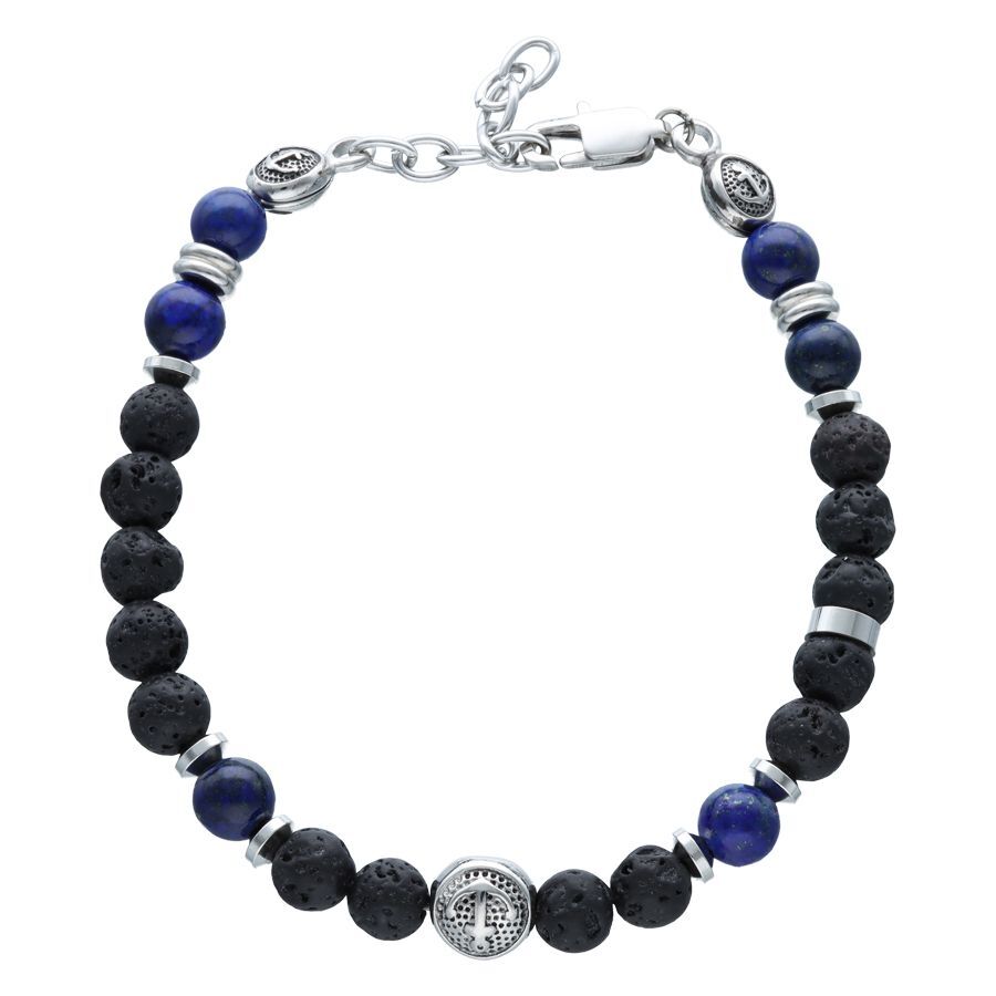 Pulsera negra y azul con ancla y cuentas de lava sobre fondo blanco