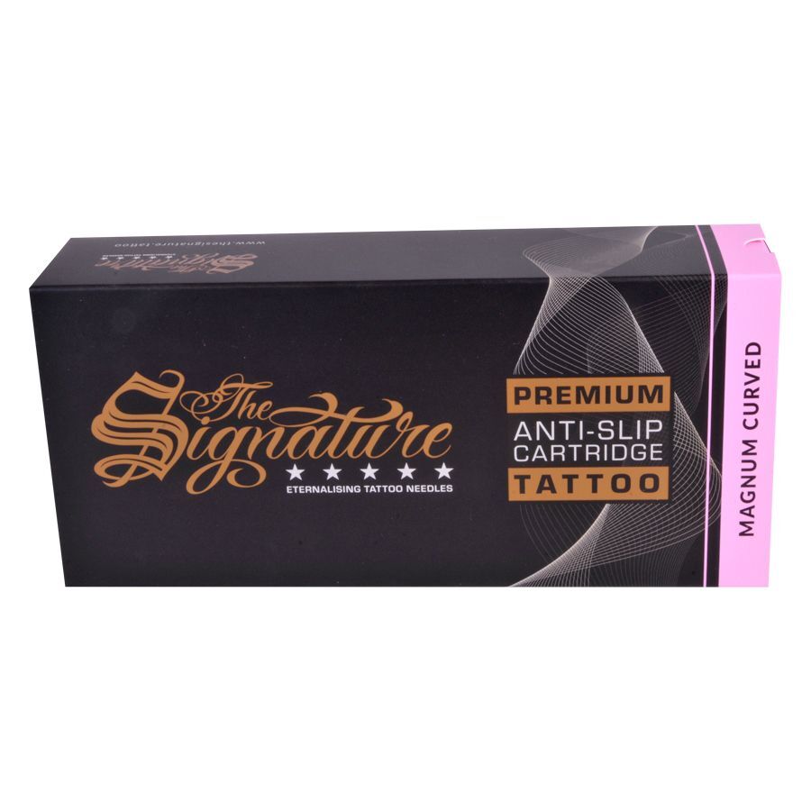 Confezione nera delle cartucce Magnum Curved con scritta dorata e striscia rosa