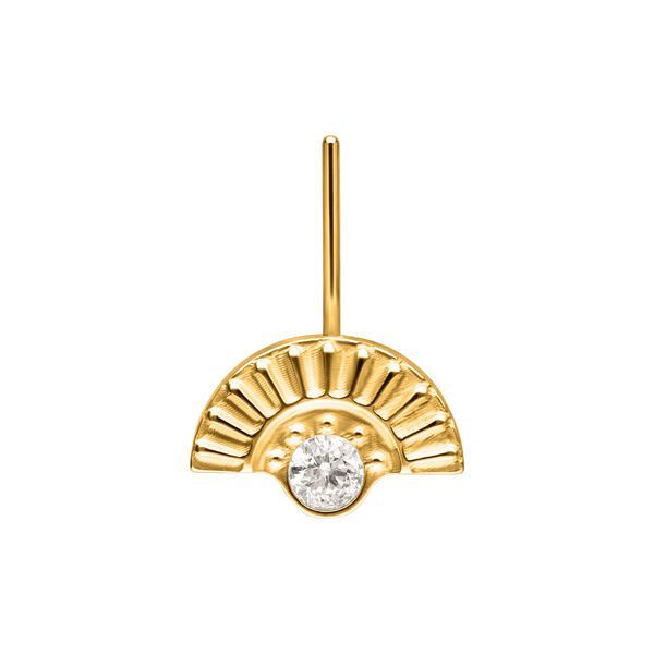 Attacco per piercing in oro bianco con design zigrinato e cristallo chiaro su sfondo bianco