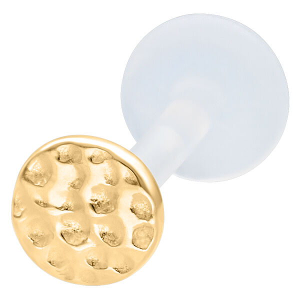 Labret dorado con disco martillado y Push Fit sobre fondo blanco