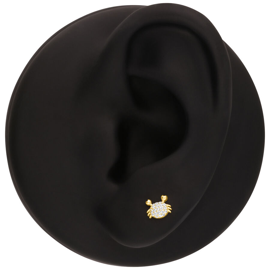 Accessorio granchio dorato con pietre scintillanti su un modello di orecchio nero