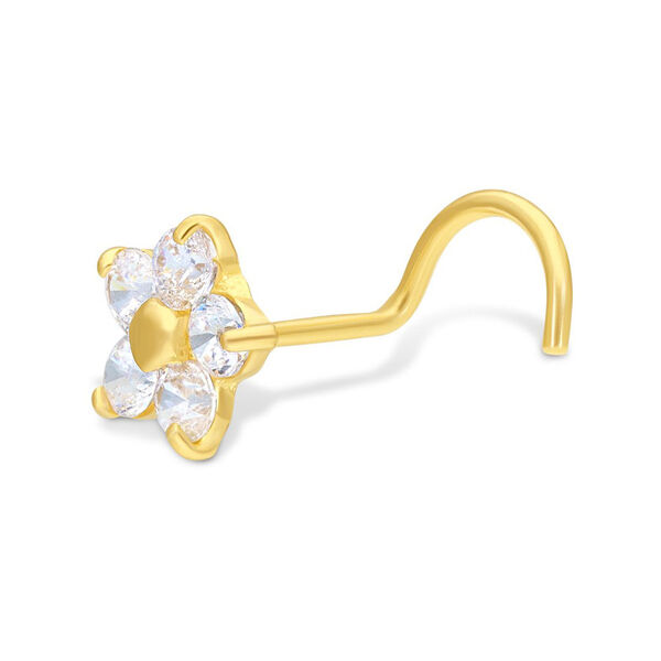 Piercing nasal dorado con cristales claros en forma de flor sobre fondo blanco