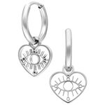 Due orecchini a cerchio in argento con pendente a forma di cuore e design di occhio