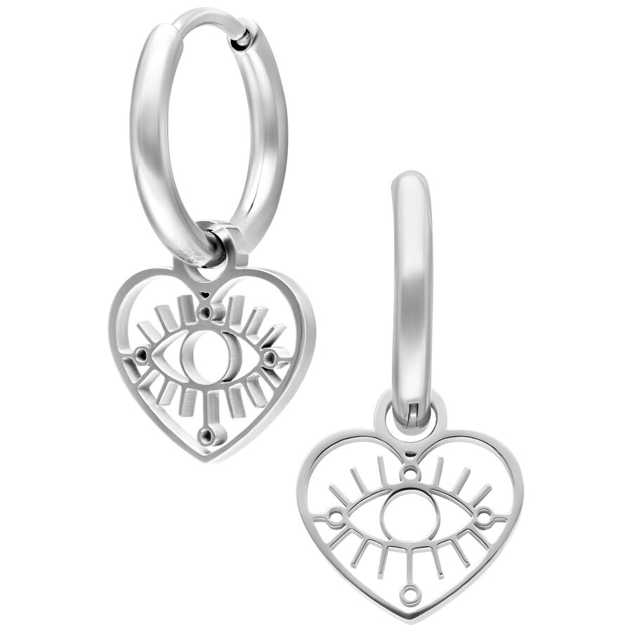 Due orecchini a cerchio in argento con pendente a forma di cuore e design di occhio