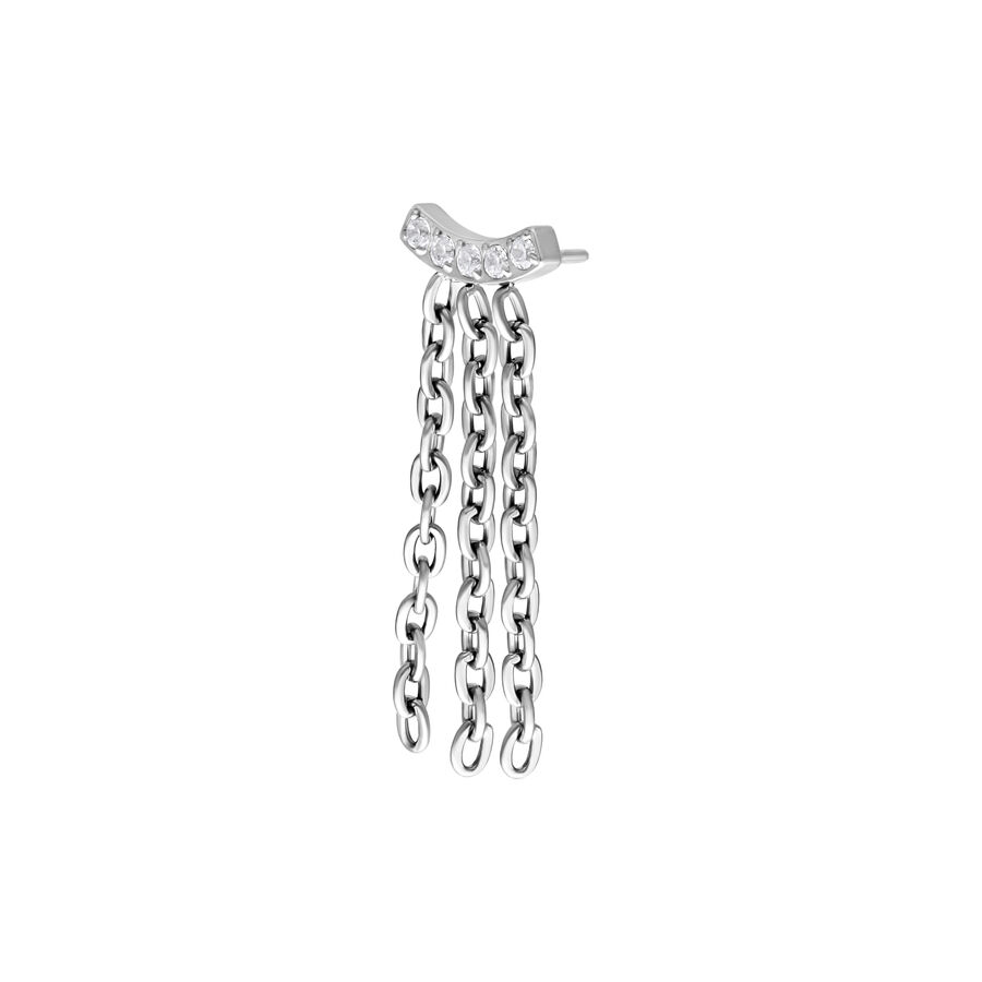 Inserto piercing argento con cristalli chiari e catene su sfondo bianco