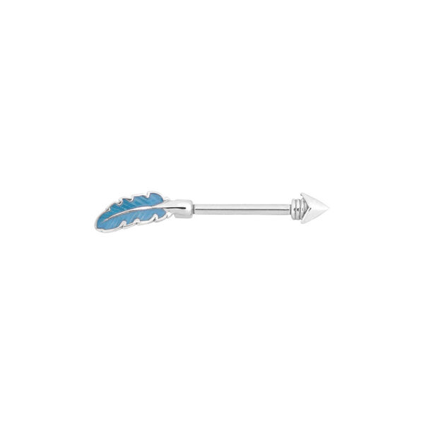 Silberner Barbell mit blauer Feder Silberner Barbell mit blauem Federdesign auf weißem Hintergrund