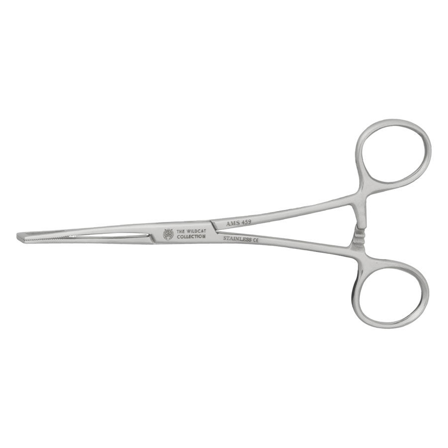 Strumento per piercing argento con due manici su sfondo bianco