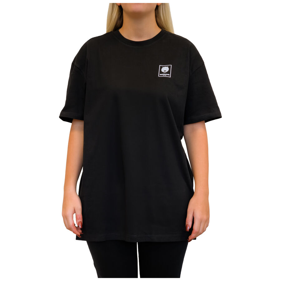 Camiseta negra unisex oversize pesada, frontal, fondo neutro