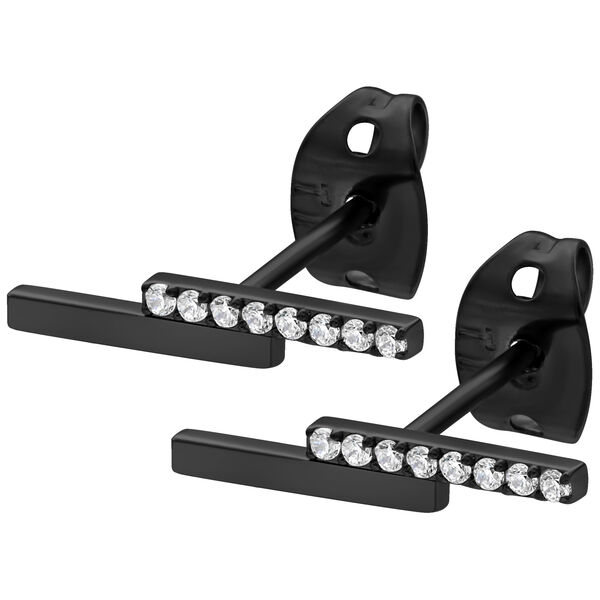 Zwei schwarze Ohrstecker mit klaren Kristallen auf weißem Hintergrund