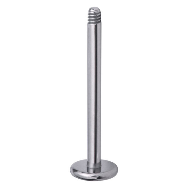 Labret de titanio plateado con rosca externa sobre fondo blanco