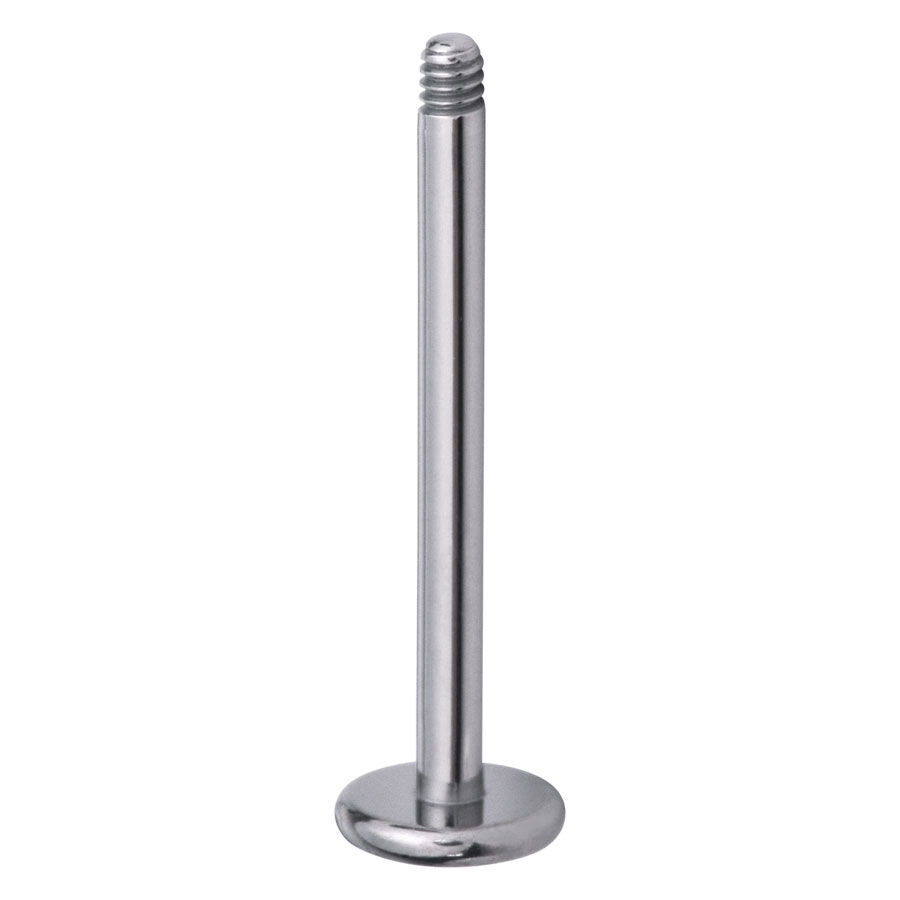 Labret in titanio argento con filettatura esterna su sfondo bianco