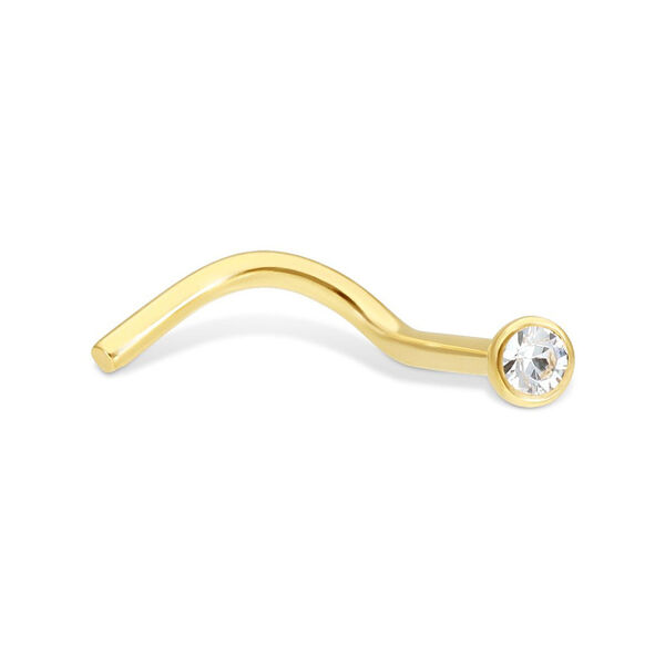 Piercing de oro con cristal claro sobre fondo blanco