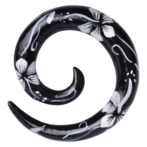 Schwarze Dehnspirale aus Holz mit weißen Blumenmustern auf neutralem Hintergrund