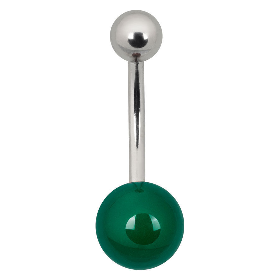 Bananabell in titanio argento con sfera verde su sfondo bianco
