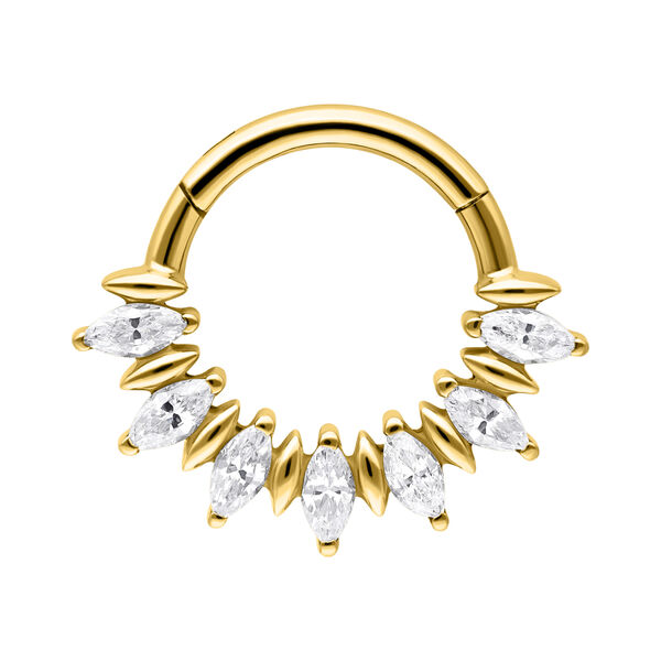 Clicker de septum dorado con piedras Marquise brillantes sobre fondo blanco
