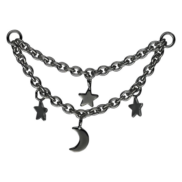 Cadena de piercing negra con colgantes de luna y estrellas sobre fondo blanco