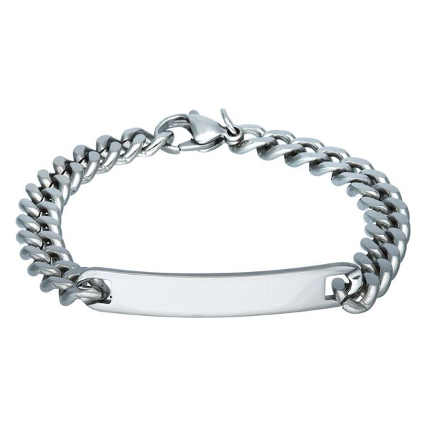 Pulsera plateada grabable de acero quirúrgico sobre fondo blanco
