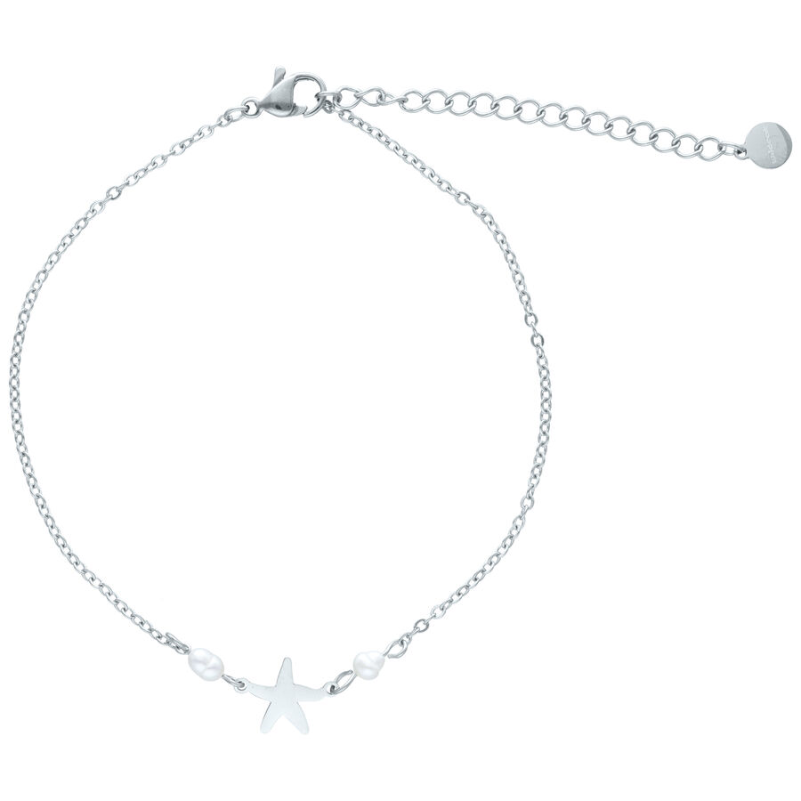 Tobillera de plata con colgante de estrella de mar y perlas sobre fondo blanco
