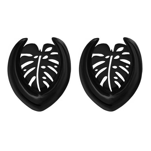 Dilatadores de oreja negros en forma de Monstera, 30mm, sobre fondo blanco
