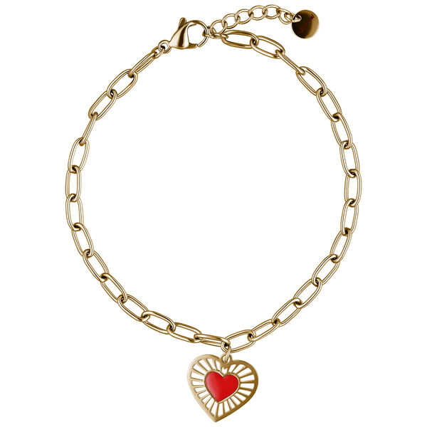 Pulsera dorada con colgante de corazón rojo sobre fondo blanco