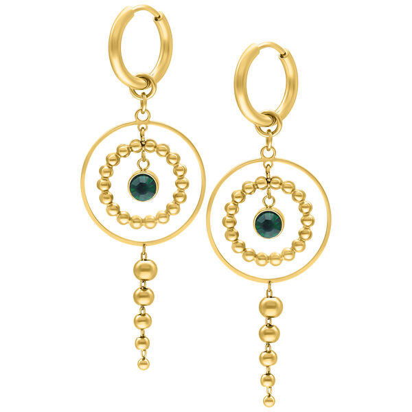Aros dorados con cristal verde esmeralda sobre fondo blanco