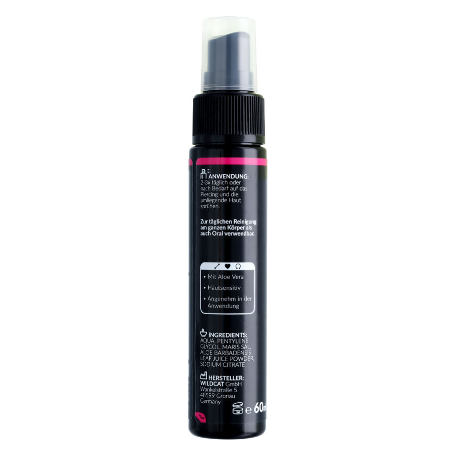 Flacone spray nero con 60ml di spray per piercing, dettaglio rosso