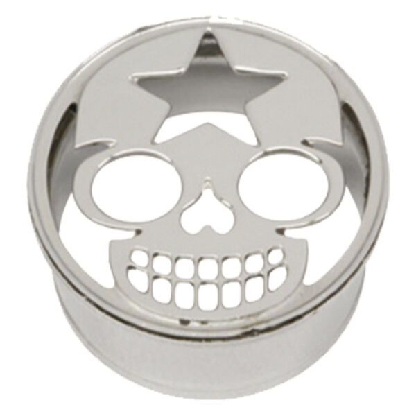Silberner Tunnel mit Starskull-Design aus Chirurgenstahl, frontal auf weißem Hintergrund