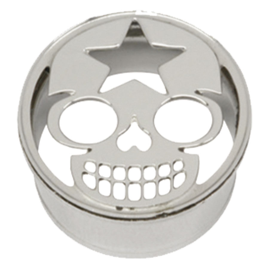 Silberner Tunnel mit Starskull-Design aus Chirurgenstahl, frontal auf weißem Hintergrund