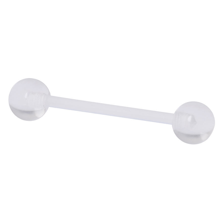 Transparenter Barbell aus PTFE mit klaren Kugeln auf weißem Hintergrund