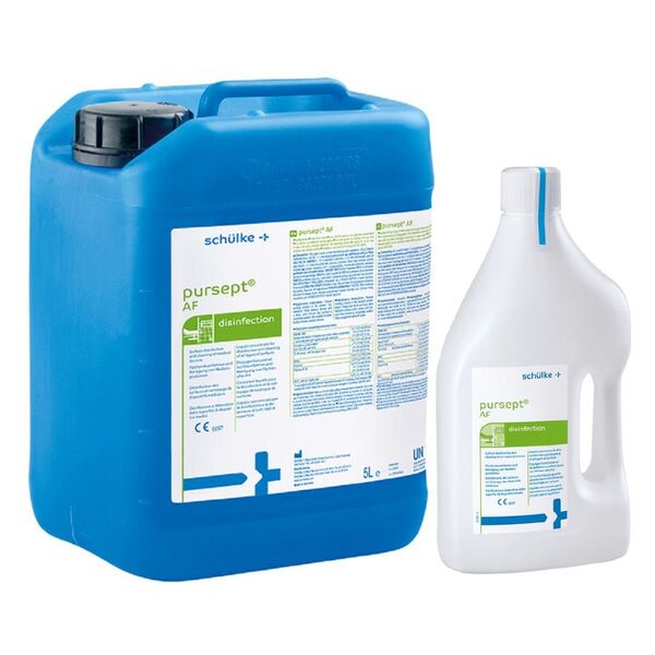 Bidón azul de 5 litros y botella blanca de 2 litros Schülke pursept® AF sobre fondo blanco