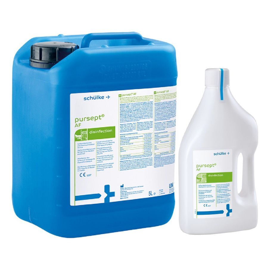 Bidón azul de 5 litros y botella blanca de 2 litros Schülke pursept® AF sobre fondo blanco