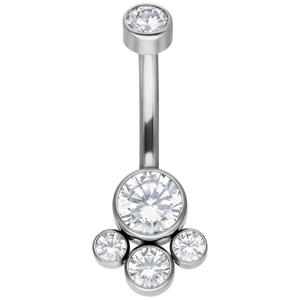 Piercing all'ombelico in titanio argento con cristalli chiari su sfondo bianco
