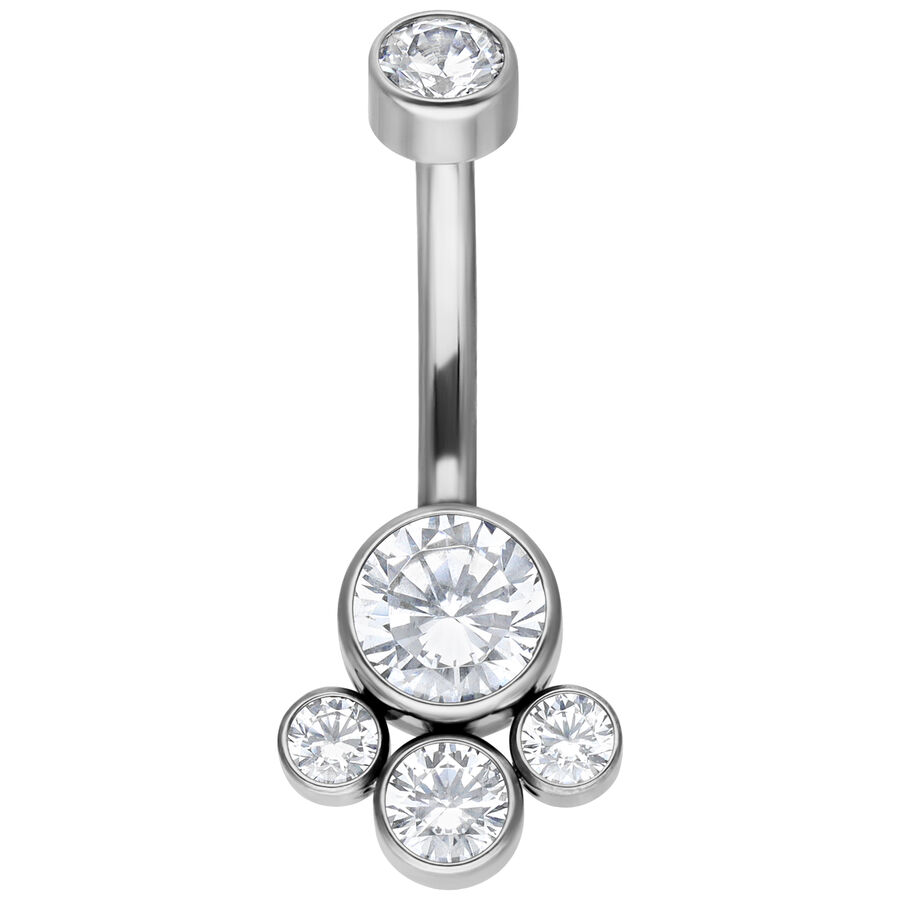 Silbernes Bauchnabelpiercing aus Titan mit klaren Kristallen auf weißem Hintergrund