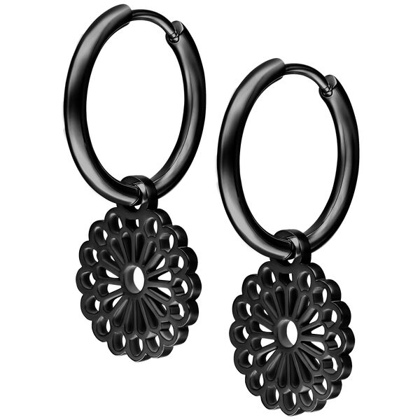 Schwarze Mandala Hoops aus Chirurgenstahl mit Klappverschluss auf weißem Hintergrund