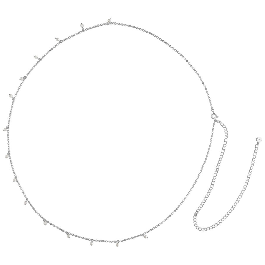 Cadenas de barriga plateadas con doble hilera y perlas en fondo de estudio