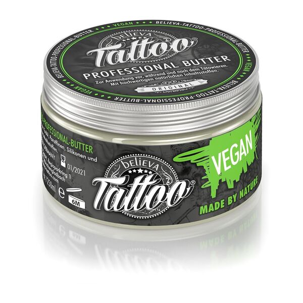 Believa Tattoo Butter in confezione rotonda, formula vegana, design verde