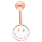 Piercing all'ombelico con motivo Smiley in oro rosa su sfondo bianco