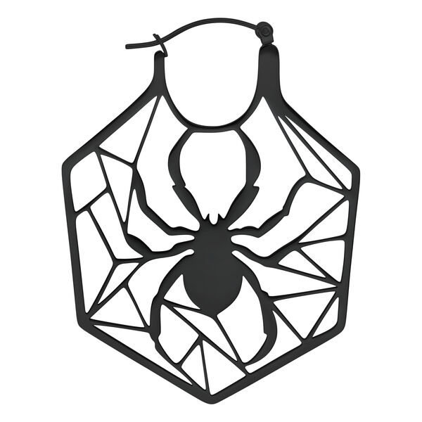 Pendientes de acero inoxidable negro con diseño de telaraña sobre fondo blanco