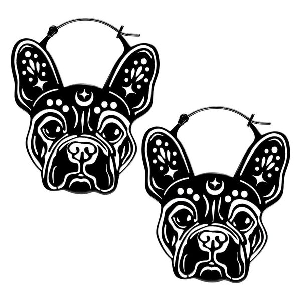 Pendientes Bulldog negros de acero quirúrgico sobre fondo blanco