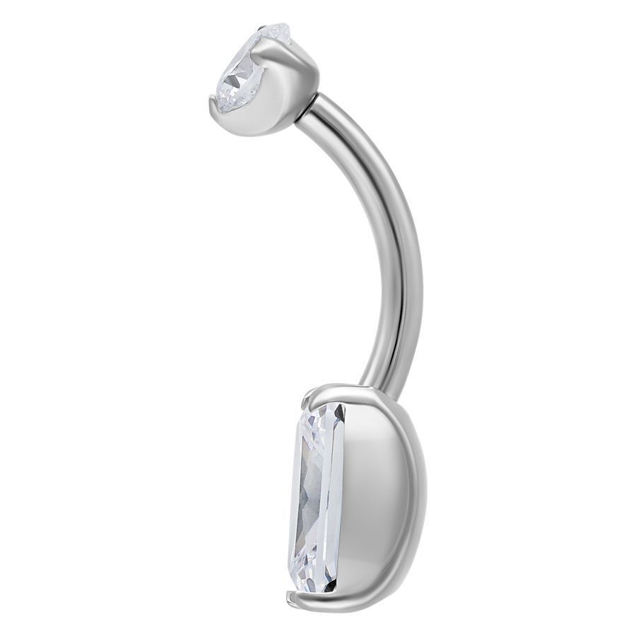 Piercing all'ombelico quadrato in titanio con cristallo chiaro su sfondo bianco