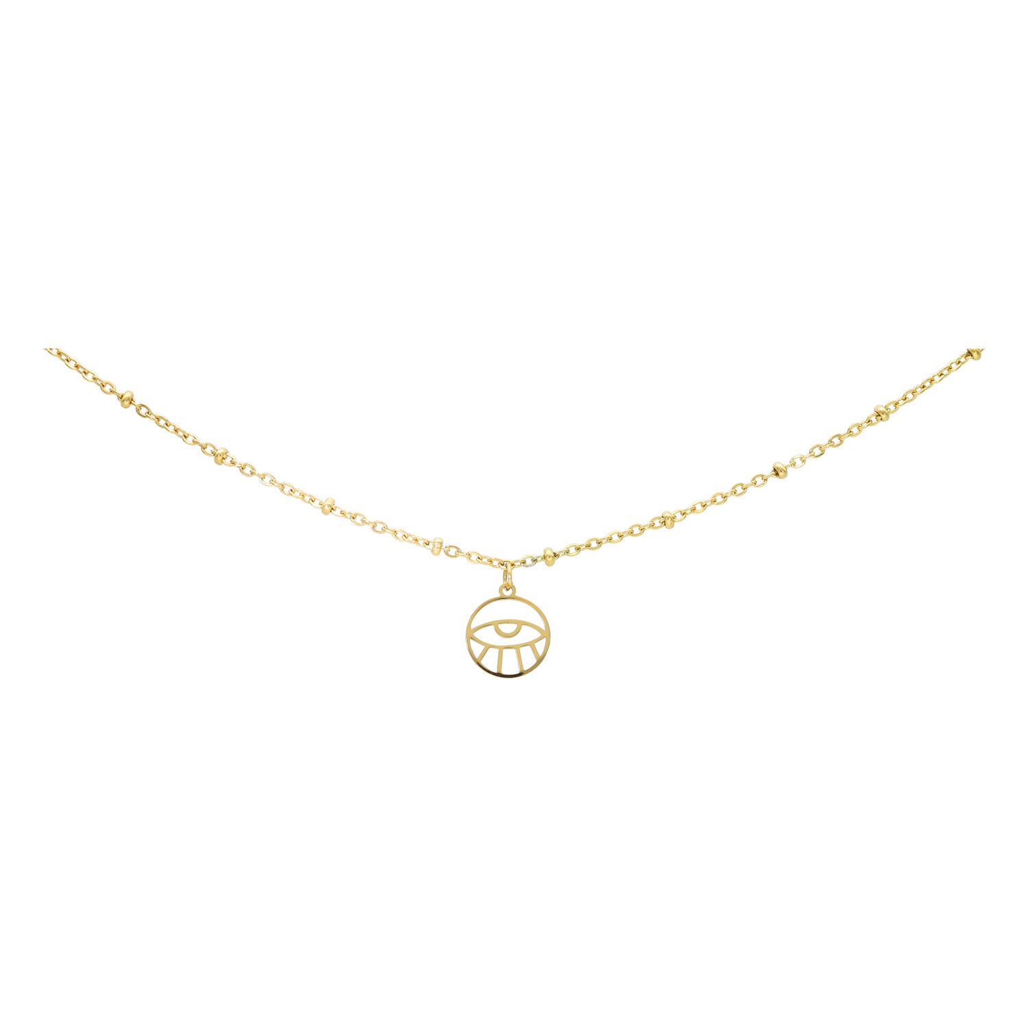 Goldene Fußkette mit Eye-Anhänger Filigrane goldene Fußkette mit Eye-Anhänger auf weißem Hintergrund