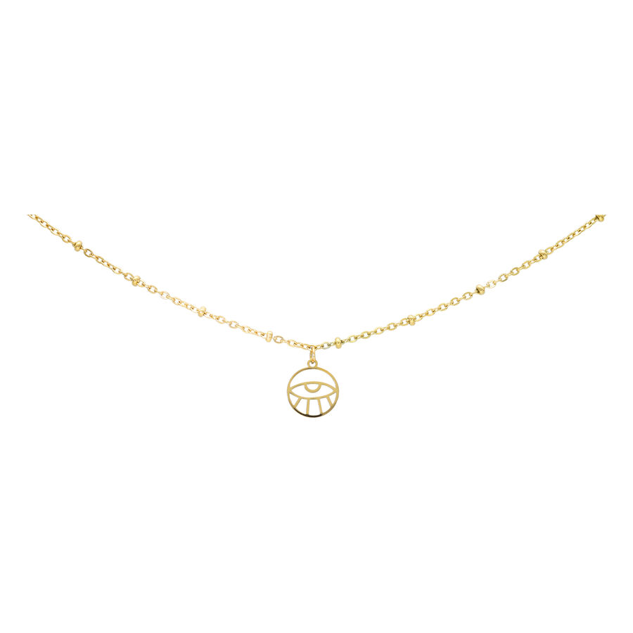 Filigrane goldene Fußkette mit Eye-Anhänger auf weißem Hintergrund